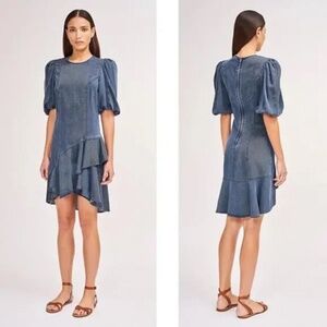 Amur Emery Ruffle Hem Denim Blue Jeans Chambray Dress Puff Sleeves Dress 2